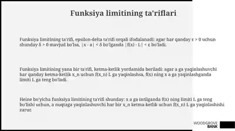 Funksiya limiti taʼriflari.Limitga ega boʻlgan funksiyalarning xossalri 3