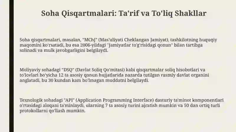 Soha Qisqartmalari: Ta'rif va To'liq Shakllar 3