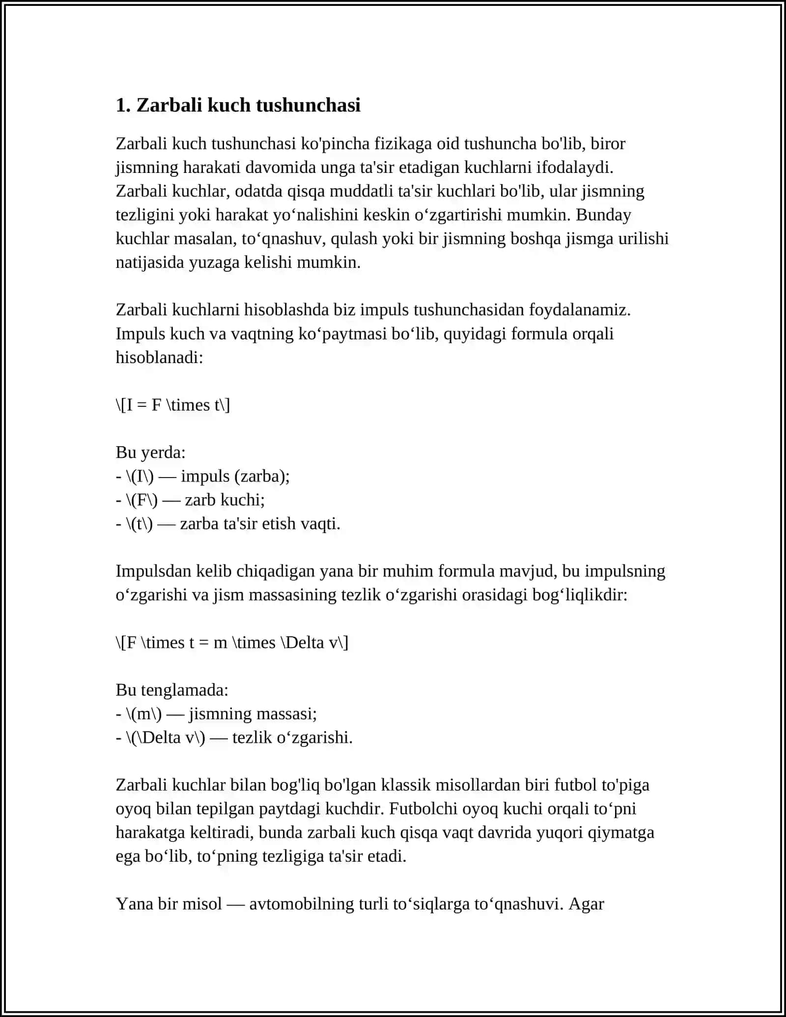ZARBALI KUCH. ZARBALI KUCHNING MODDIY NUQTAGA TA'SIRI 3
