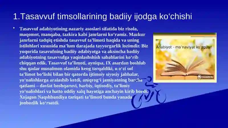 Tasavvuf adabiyoti.Uning shakllanishi,tadrijiy takomili,janrlar poetikasi,obrazlilik,ramziylik 3
