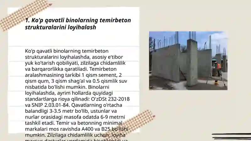 Temirbeton va tosh konstitutsiyasi fanidan Ko‘p qavatli binolar konstruksiyalarini loyihalash va hisoblash 3