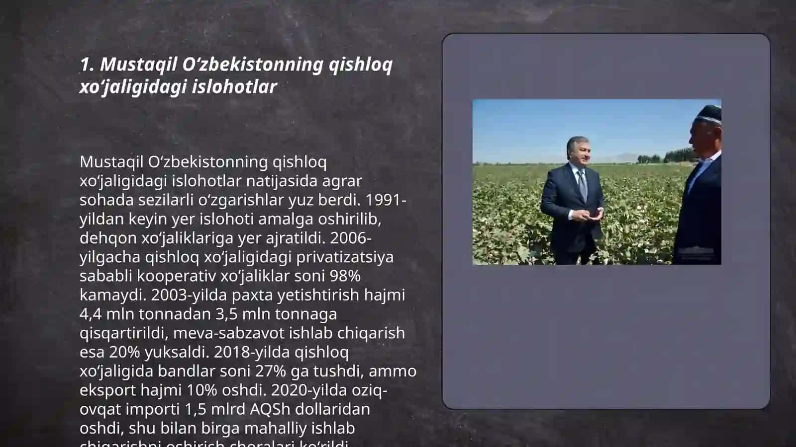 Mustaqil Oʻzbekistonning qishloq xoʻjaligidagi islohotlar 3