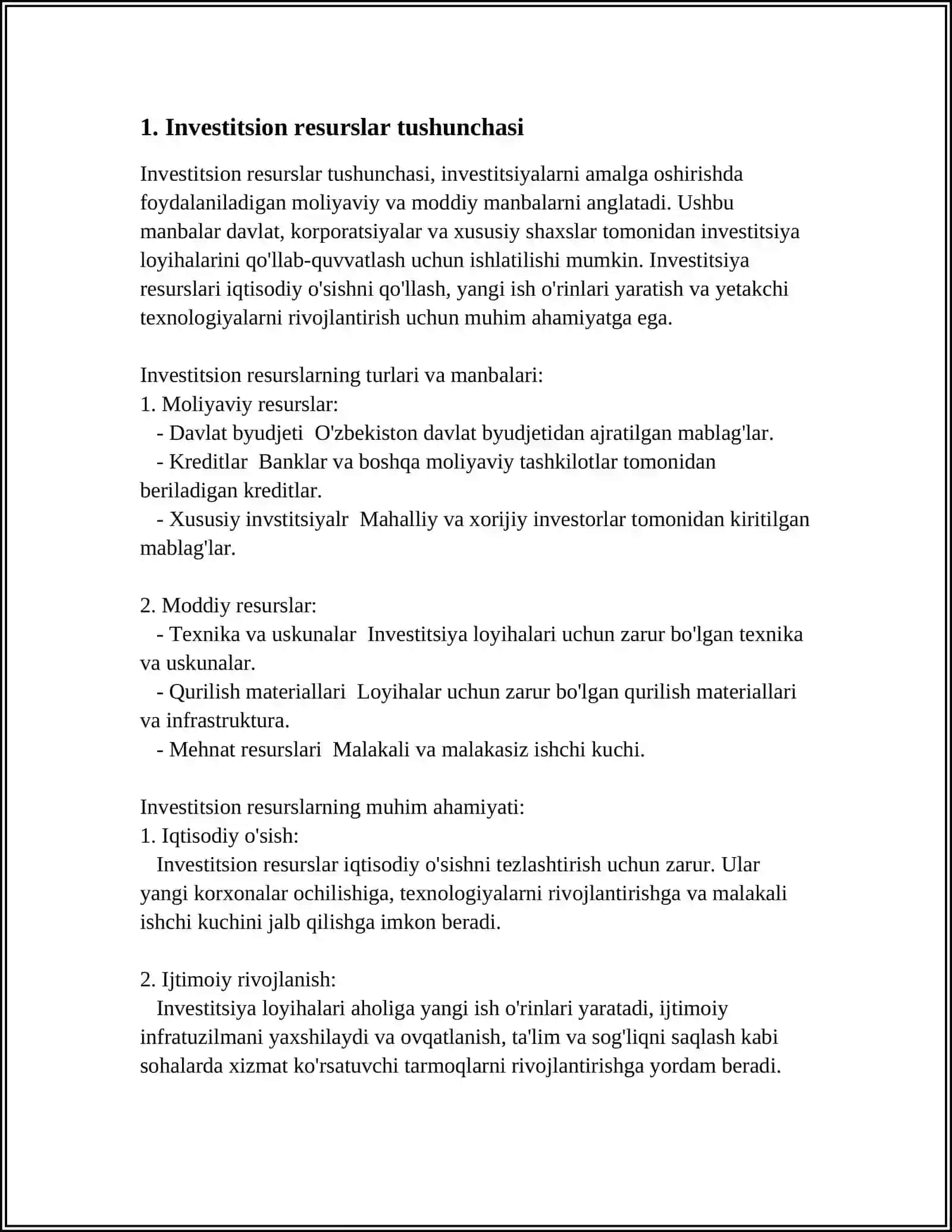 IQTISODIYOTNING INVESTITSIYA RESURSLARIGA BO'LGAN EHTIYOJI VA UNI QOPLASHNING ASOSIY MANBALARI 3