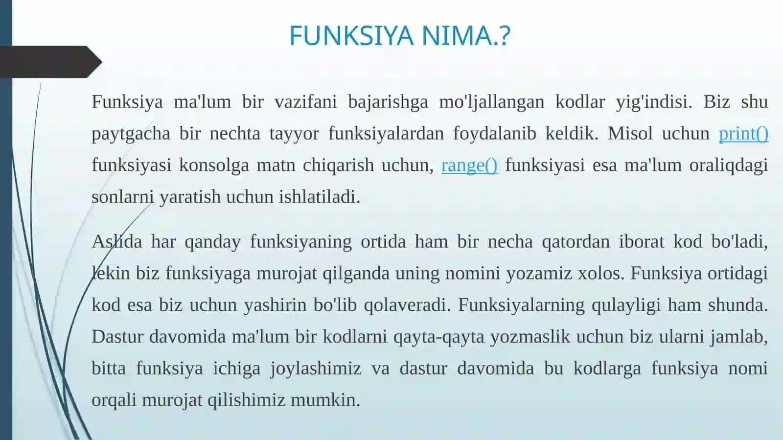 PYTHON DASTURLASH TILIDA DEF FUNKSIYASI. PYTHONDA FUNKSIYALARNI TEKSHIRISH UNITTEST MODULI. 3