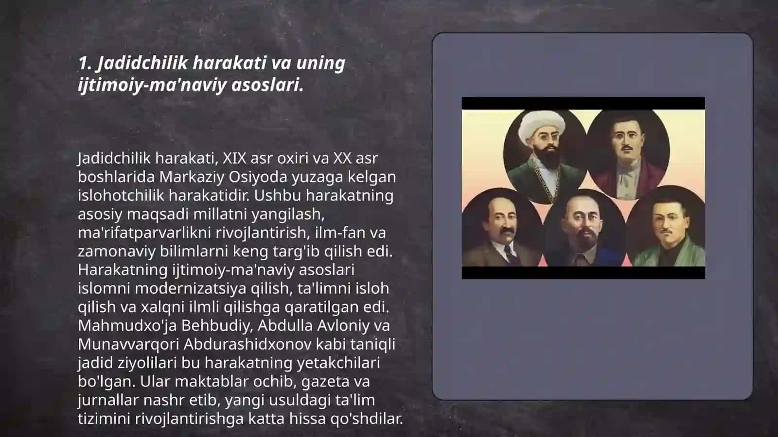 Jadid ma'rifatparvarlarining o'lka ijtimoiy- ma'naviy hayotida tutgan o'mi (Munavvar Qori, Fitrat, Behbudiy, Avloniy va boshq.) 3