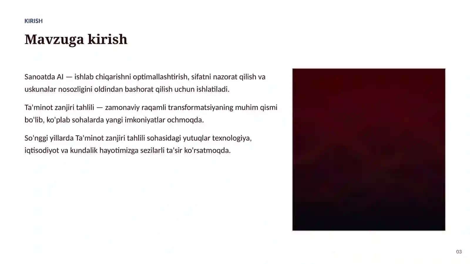 SUN'IY INTELLEKT • AI SANOAT VA ISHLAB CHIQARISHDA Ta'minot zanjiri tahlili: asoslari va qo'llanilishi 3