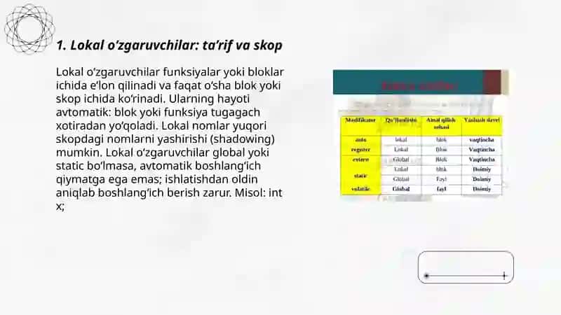 Lokal, global va statik lokal o‘zgaruvchilar. 3