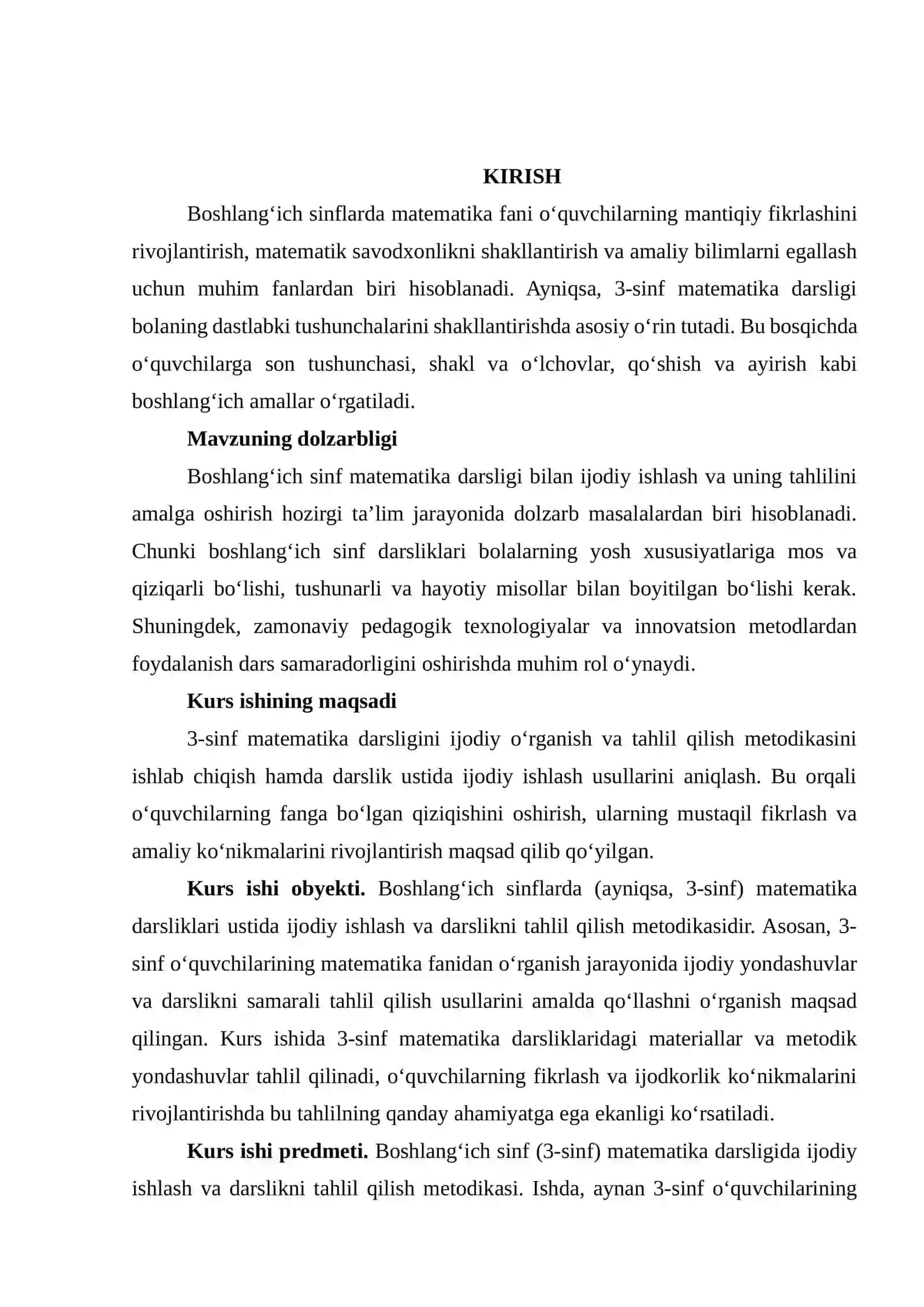 BOSHLANG’ICH SINFLARDA MATEMATIKA DARSLIGI USTIDA IJODIY ISHLASH VA DARSLIK TAHLILINI AMALGA OSHIRISH METODIKASI (3-SINF MISOLIDA) 3