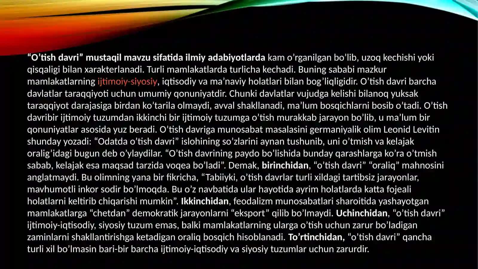 O’tish davrining davomiyligi, klassik davlatlar (Angliya, Fransiya, AQSH va boshqalar) tajribasi, hozirgi davrdagi o’tish xususiyatlari (Yaponiya, Koreya Respublikasi, Singapur va boshqalar).Postsovetdavlatlariningbozormunosabatlarigao’tishxususiyatlari, startsharoitlariningturli-tumanligi 3