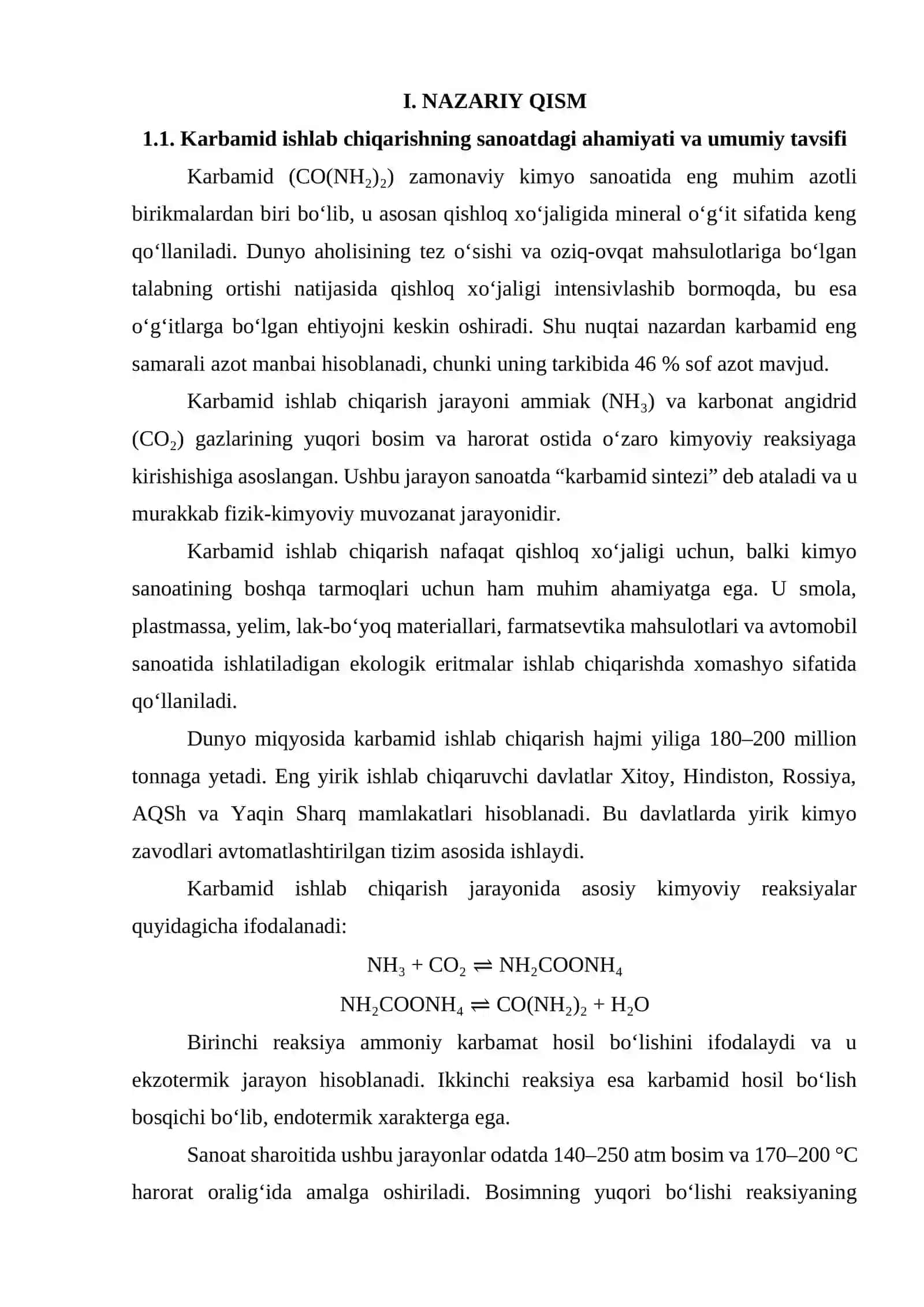 Karbamid ishlab chiqarishda reaktor bosim va hajmini aniqlash. V=12 m3 3