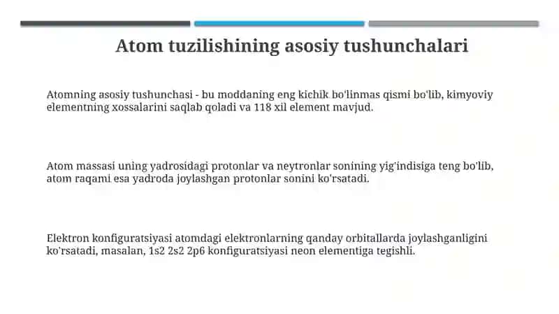 Atom tuzilishi. Elementlarning davriy jadvali. O'zbekistonda kimyo sanoatining rivojlanishi 3