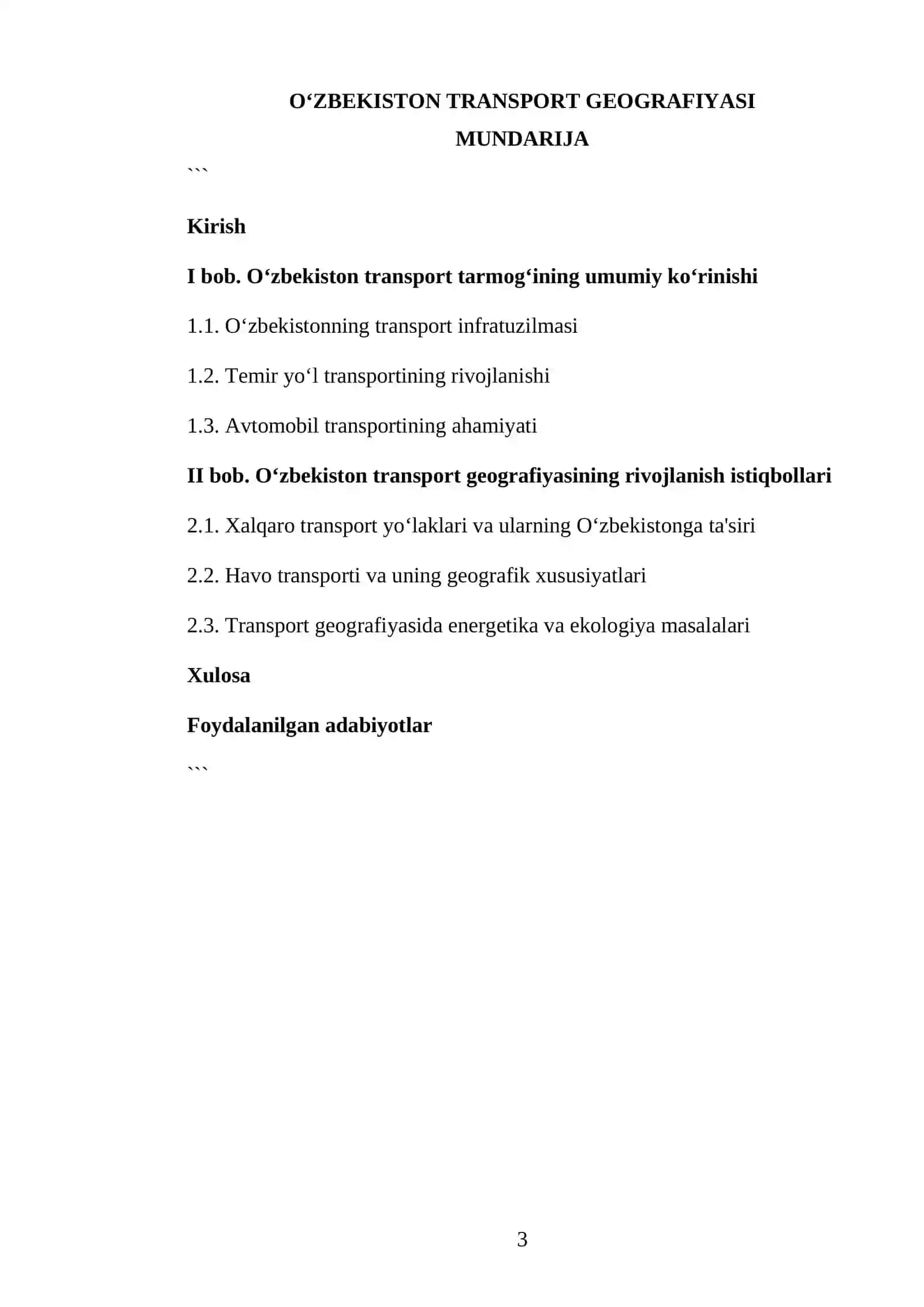 OʻZBEKISTON TRANSPORT GEOGRAFIYASI KURS ISHI 3