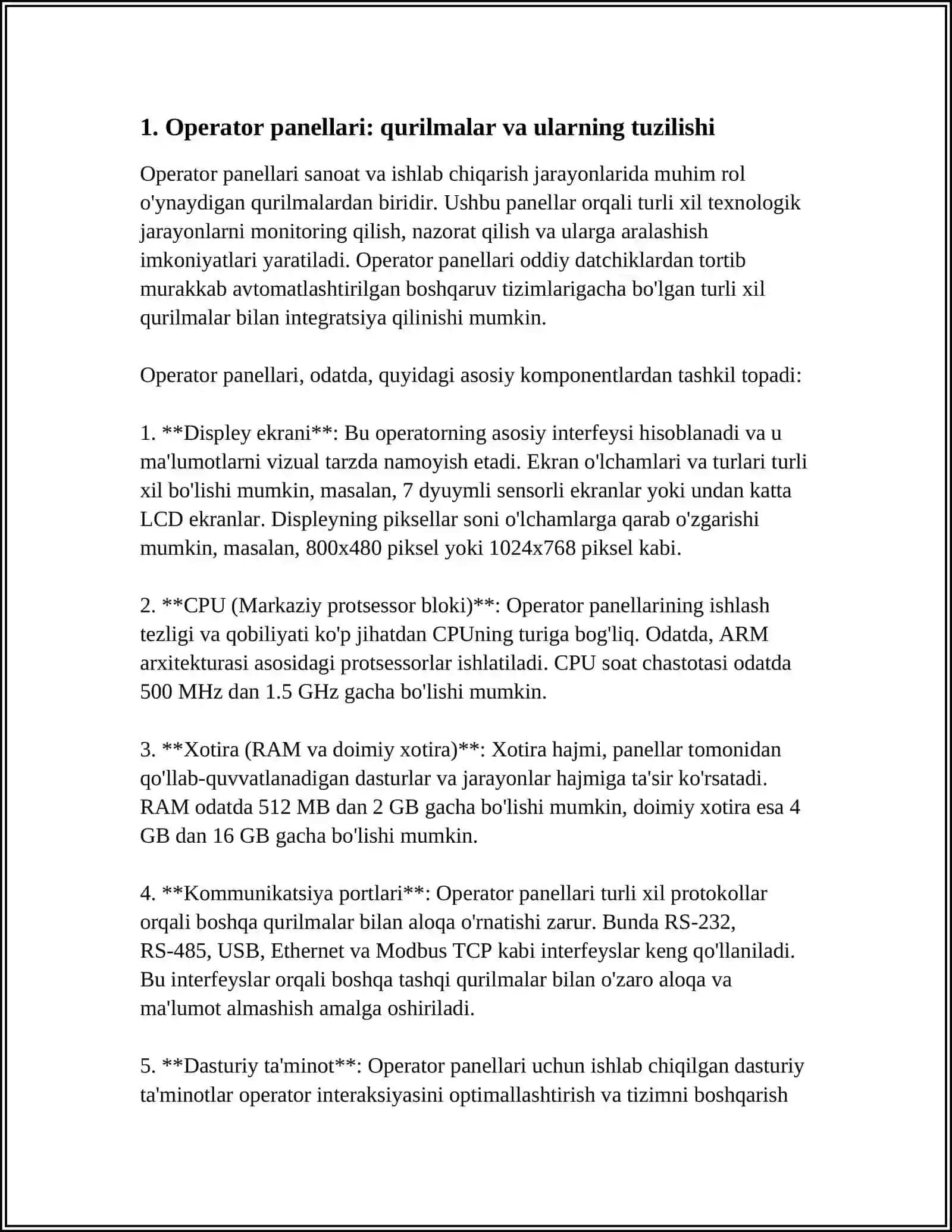 OPERATOR PANELLARI VA MANBALARI, UZLUKSIZ QUVVAT MANBAI. OPERATOR PANELI: QURILMA, TASNIFI, FUNKSIONALLIGI. UPS: TASNIFI, ISHLASH REJIMLARI. ELEKTR TA'MINOTIDAGI ENG TIPIK NOSOZLIKLAR VA ULARNI BARTARAF ETISH USULLARINI TAHLIL QILISH 3