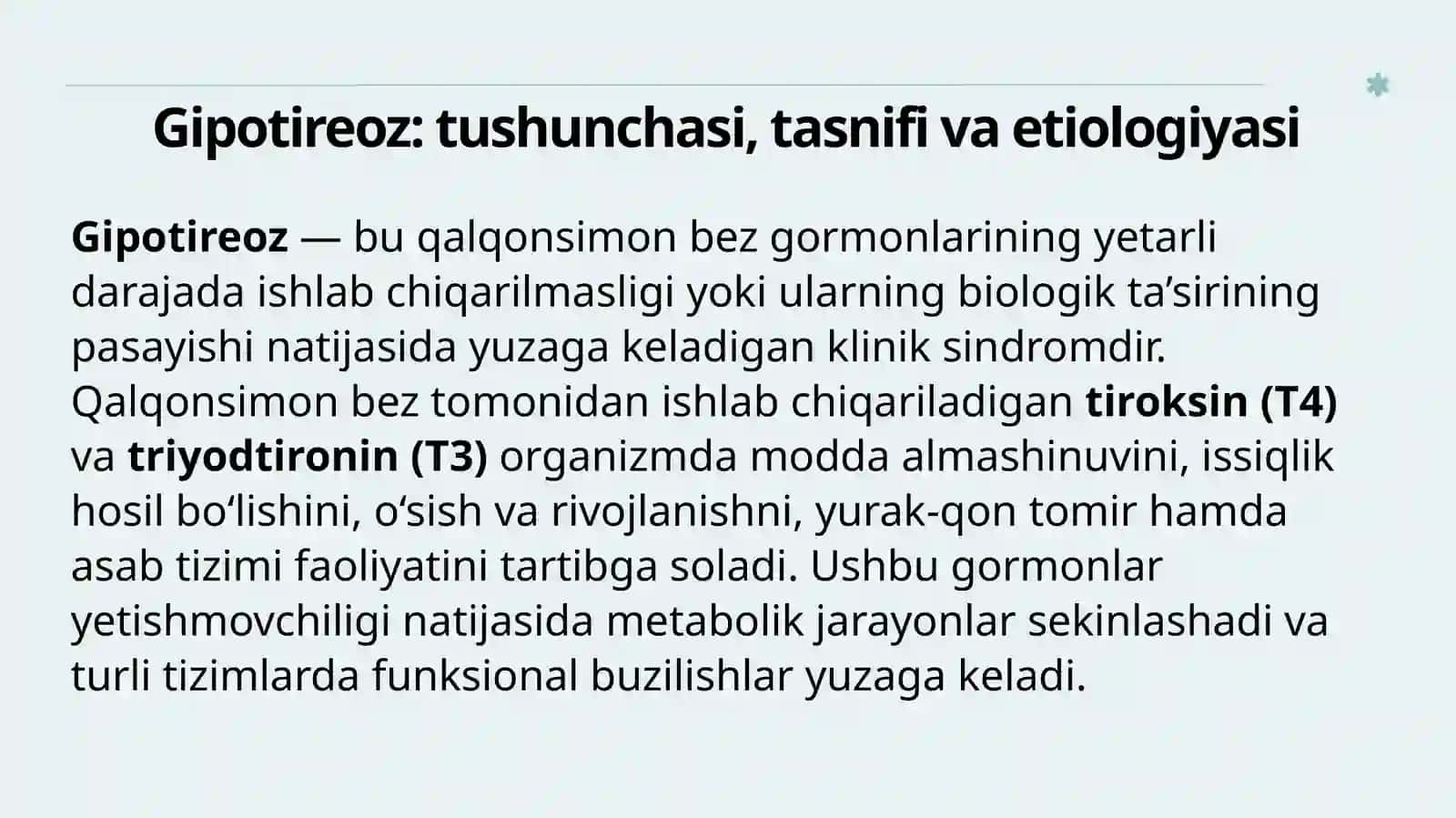 Qalqonsimonbezkasalliklari: gipotireoz, diffuzzaharlibo‘qoq 3