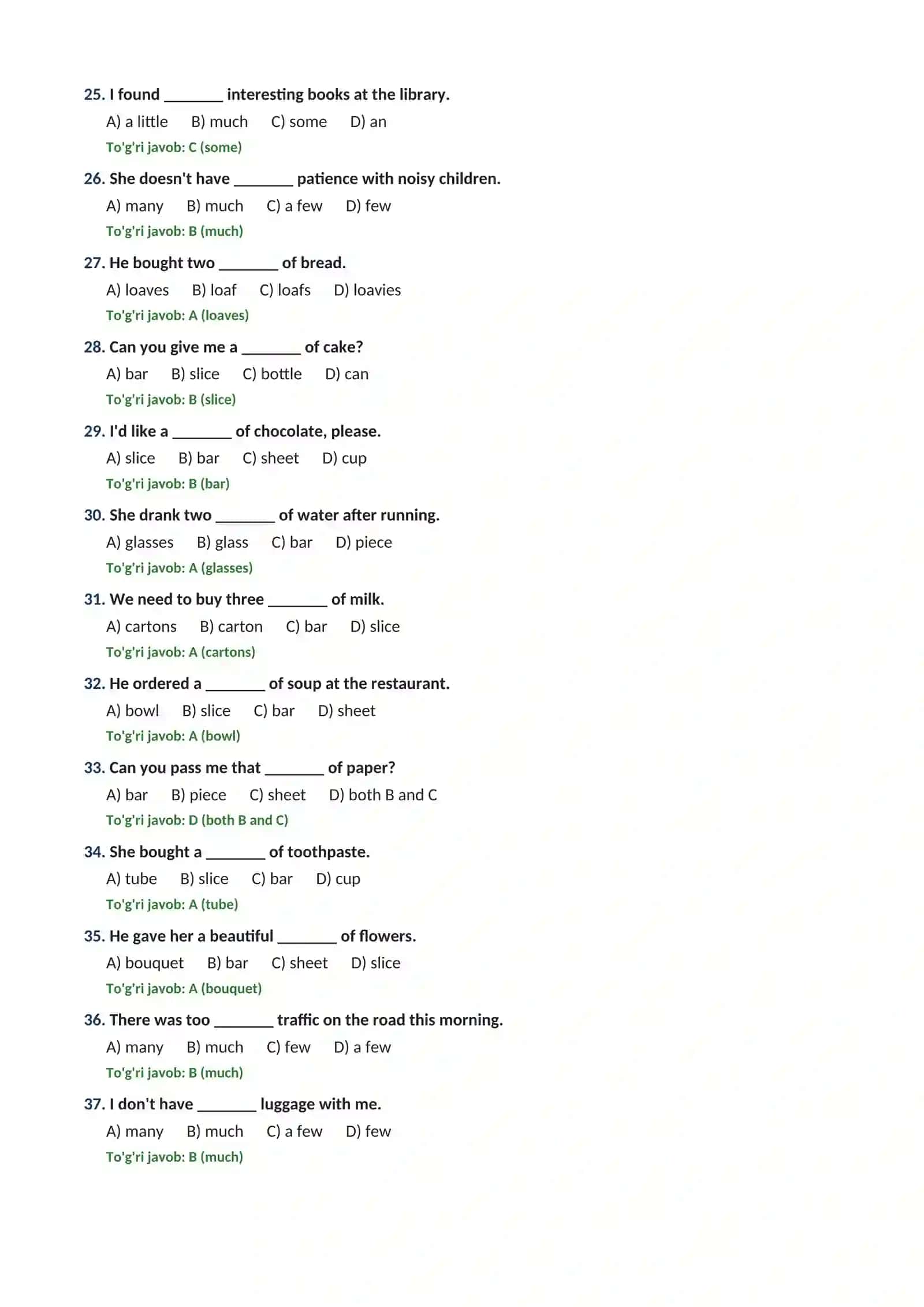 ENGLISH GRAMMAR: COUNTABLE AND UNCOUNTABLE NOUNS  100 TA TEST TOPSHIRIQLARI JAVOBLARI BILAN 3
