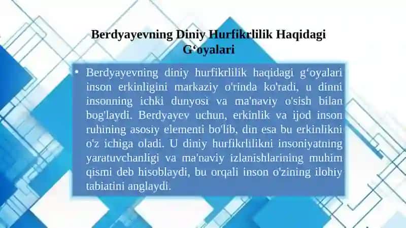 Mavzu:“Din va hurfikrlilik” mavzusida (Berdyayevning diniy hurfikrlilik haqidagi gʻoyalarini Gʻazzoliy gʻoyalari bilan qiyoslash). 3