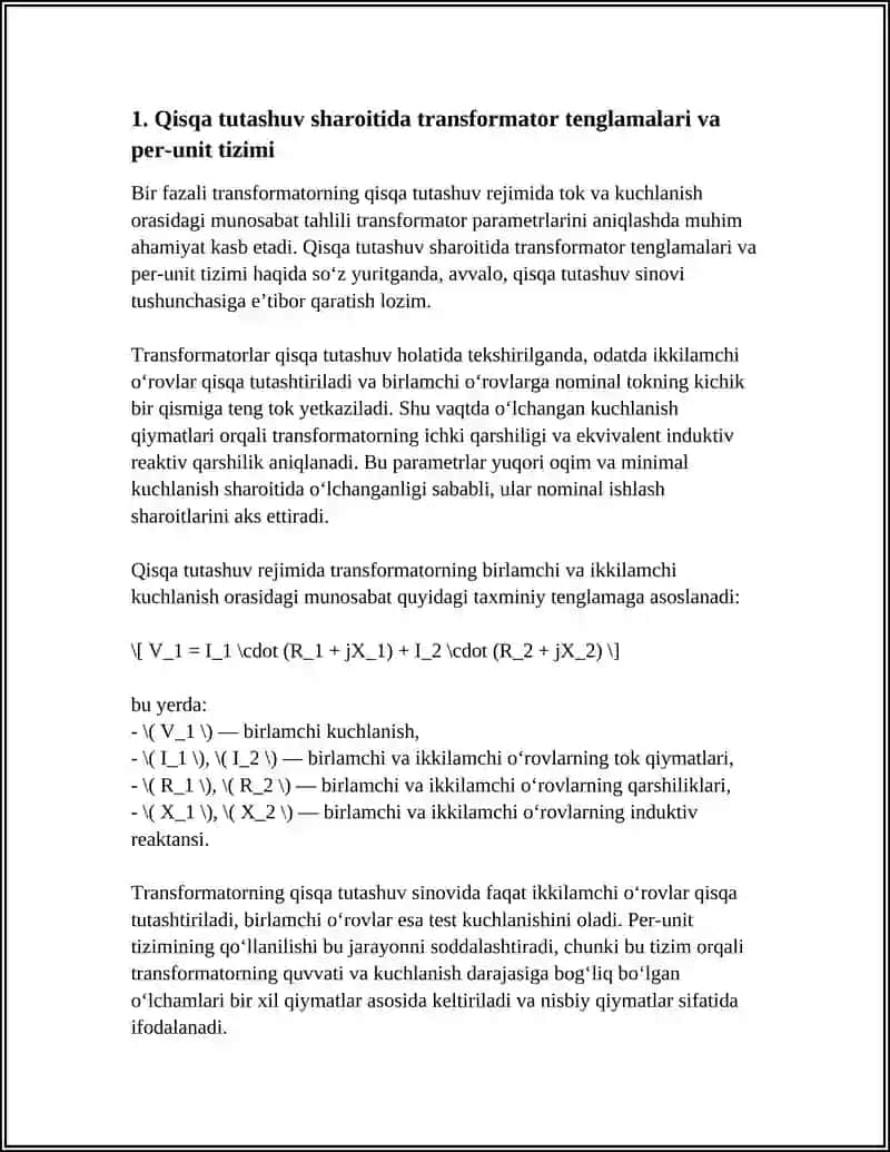 BIR FAZALI TRANSFORMATORNING QISQA TUTASHUV REJIMIDA TOK VA KUCHLANISH ORASIDAGI MUNOSABAT 3