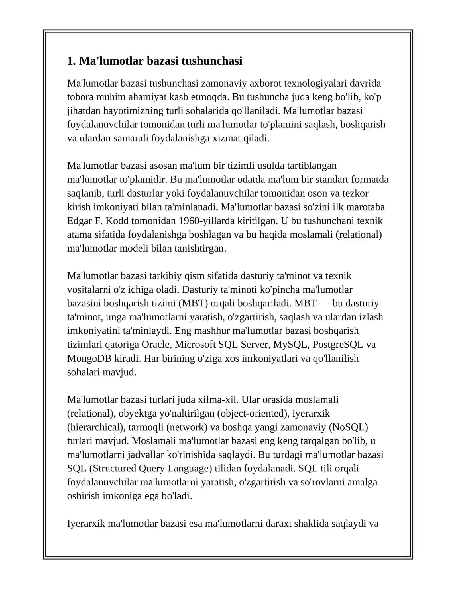 MASSIVLAR BILAN ISHLASH KOMPONENTALARI. MA’LUMOTLAR BAZASI BILAN BOG’LASH. 3