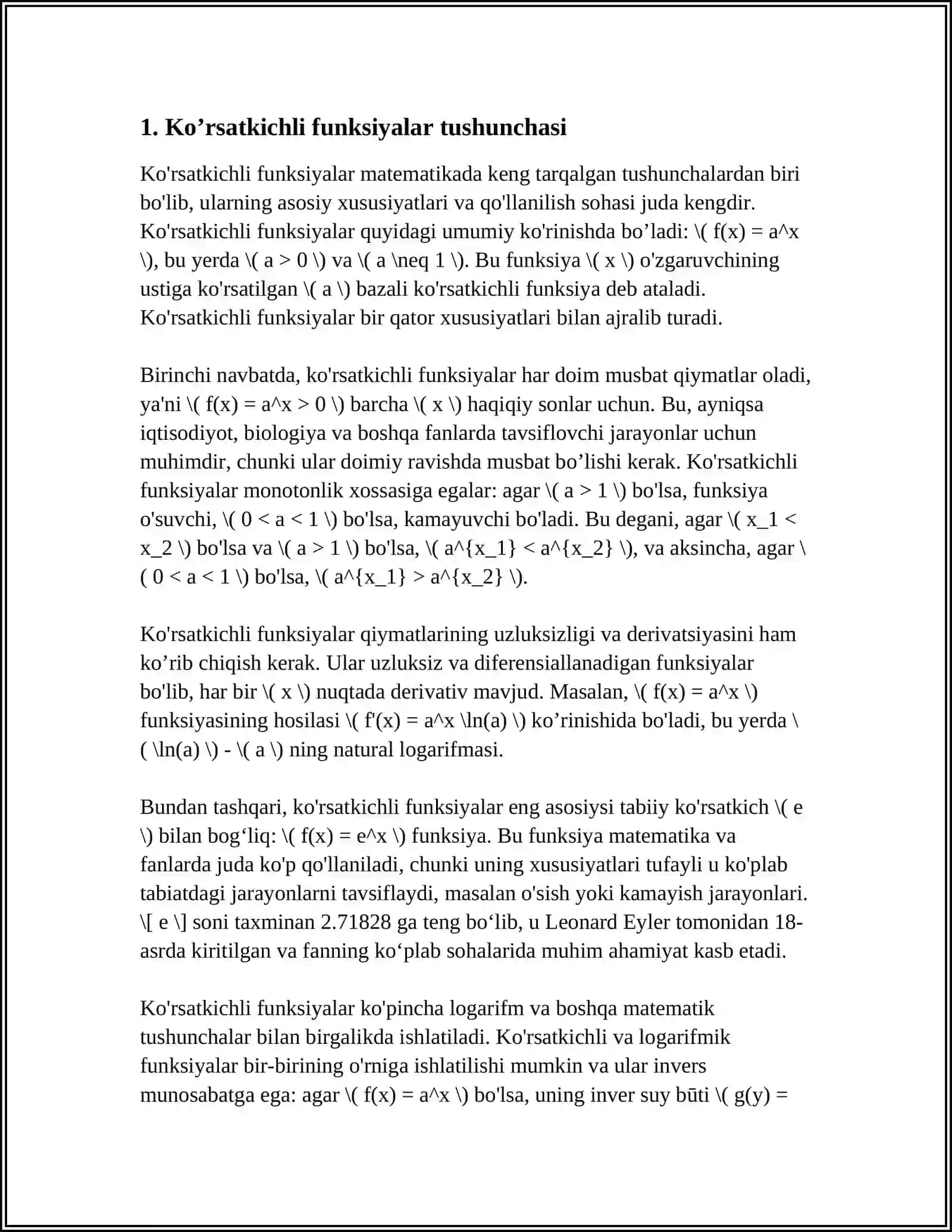 KO’RSATKICHLI VA LOGARIFMIK FUNKSIYALARNI O’QITISH METODIKASI 3
