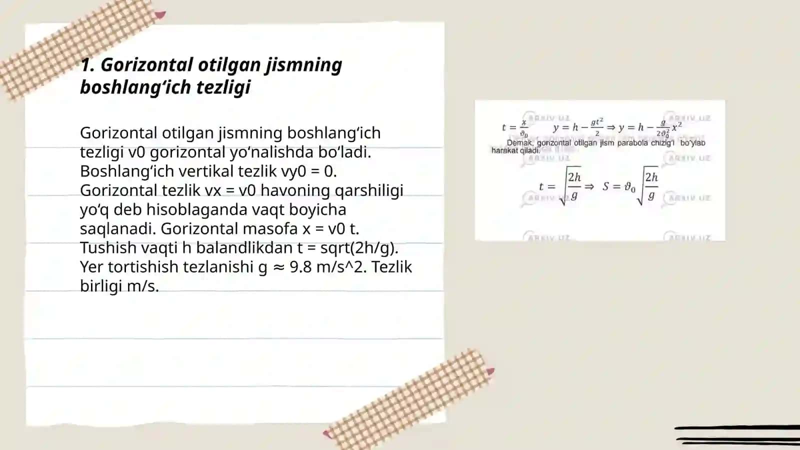Gorizontal otilgan jism harakatini o'rganish 3