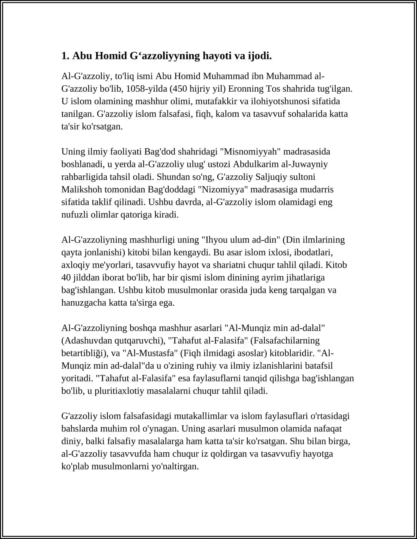 ABU HOMID GʻAZZOLIYNING "MUKOSHAFATUL QULLUB" ASARI BOʻYICHA MUSTAQIL ISH 3