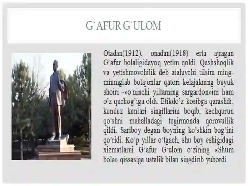 G`afur G`ulomning "Ahmadjon yomon bola emas-u, ammo...", "Nortojining kurak tishi" sherlari va "Shum 3