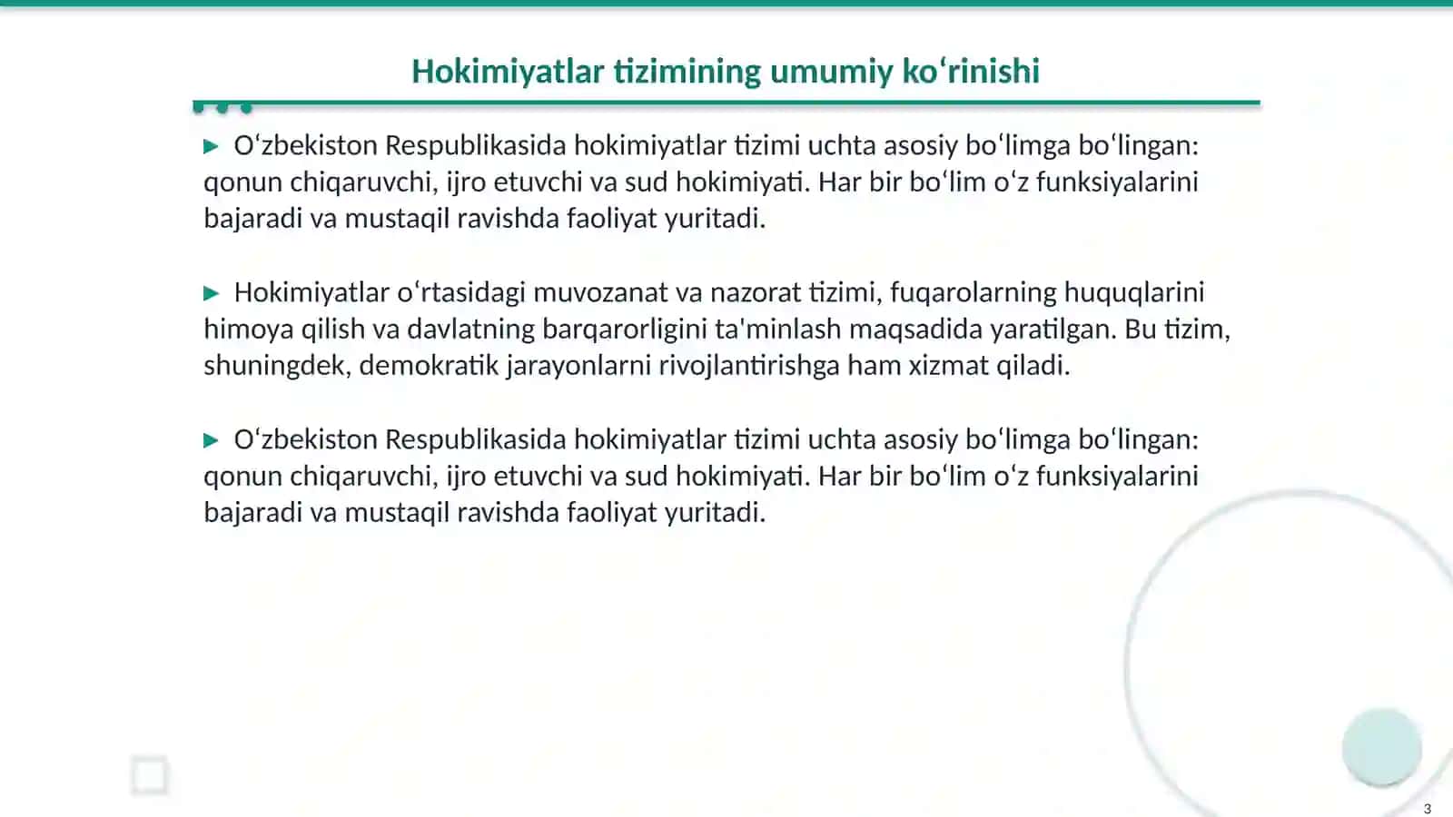 O‘zbekiston Respublikasida hokimiyatlar tizimi (qonun chiqaruvchi,ijro etuvchi va sud hokimiyati ) 3