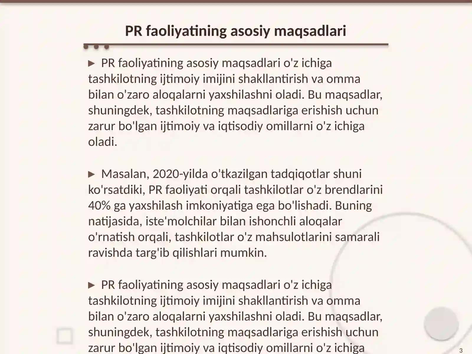PR faoliyatining maqsadlari, vazifalari va prinsiplari 3