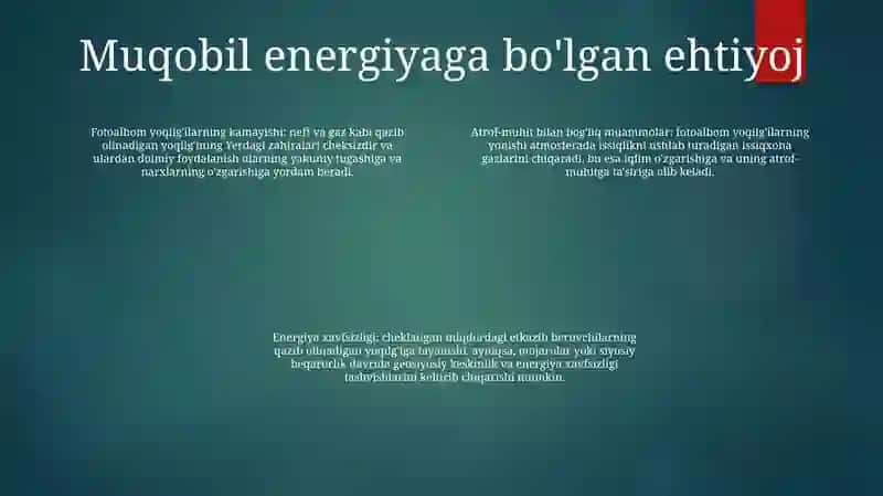 Muqobil Energiya Resurslaridan Foydalanish 3