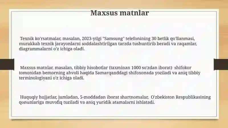 Matin tiplari,tasviriy hikoya,mulohaza,mutaxasislikka oid matinlar 3