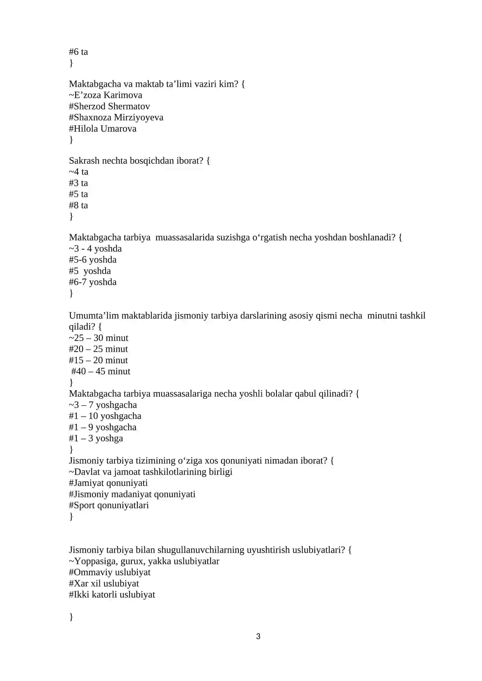Jismoniy tarbiya nazariyasi va metodikasi fanidan TEST 3