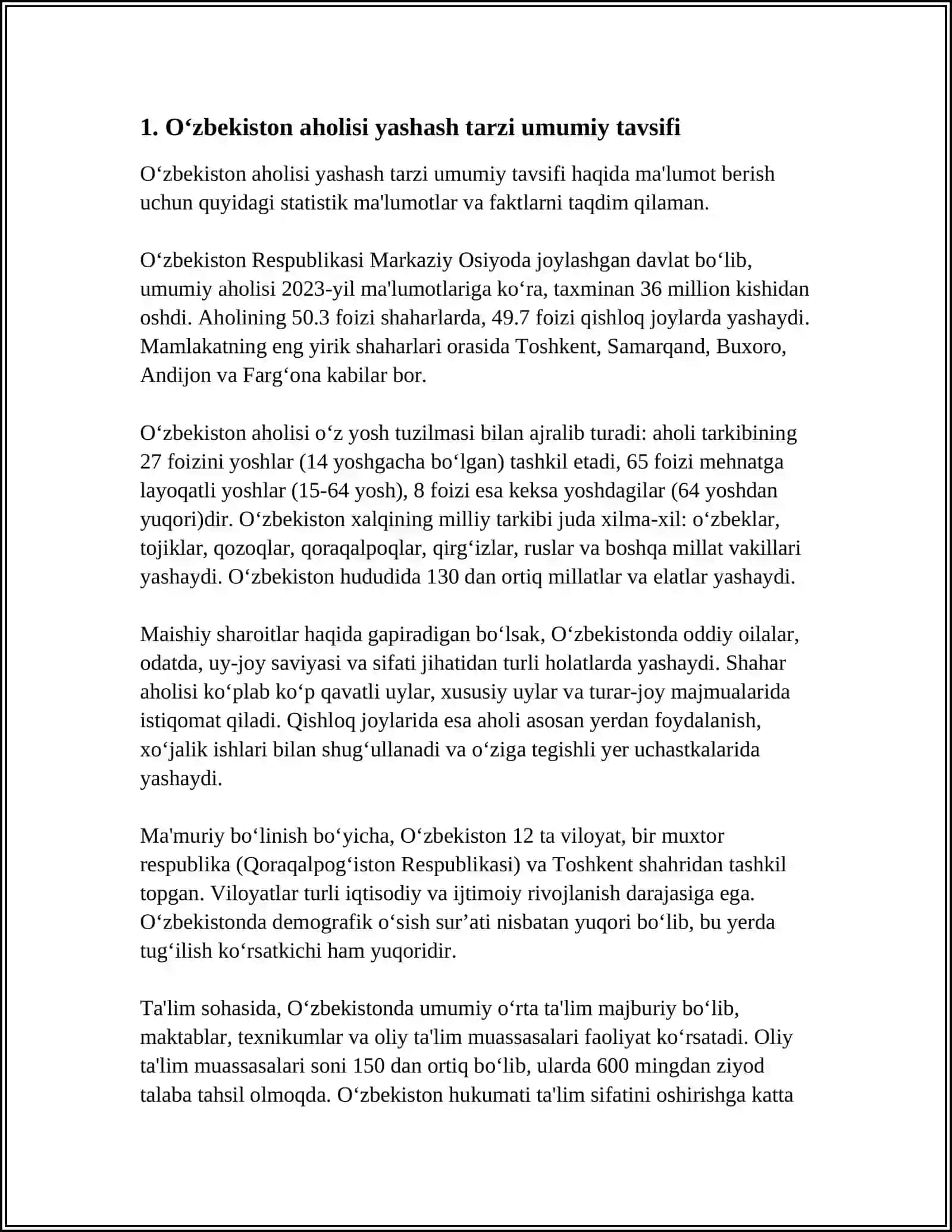 O‘zbekiston aholisi yashash tarzi mavzusida - Kurs ishi 3