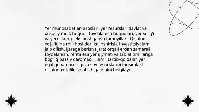 Agar munosabatlar va qishloq xoʻjaligida ishlab chiqarishning oʻziga xos xususiyatlari. Qishloq xoʻjaligi:ijara haqi va renta 3