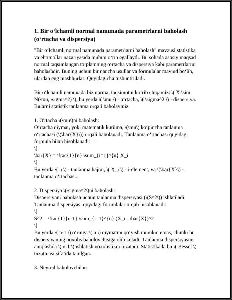 BIR VA IKKI NORMAL OʻLCHAMLI TANLANMALARNI TAHLIL QILISH 3