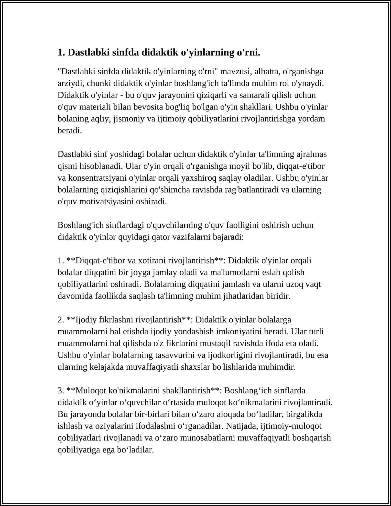 SINFDAN TASHQARI MASHG'ULOTLARDA DIDAKTIK O'YINLARNING AHAMIYATI, MAZMUNI ULARDAN FOYDALANISH(1 SINF MISOLIDA) 3