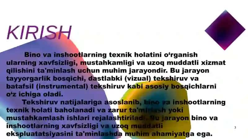 Bino va inshootlarni texnik holatini o'rganish. 3