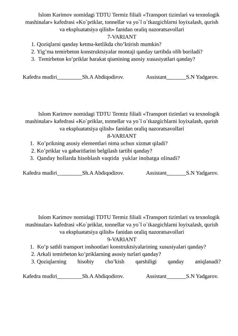 Ko`priklar, tonnellar va yo`l o`tkazgichlarni loyixalash, qurish va ekspluatatsiya qilish 3