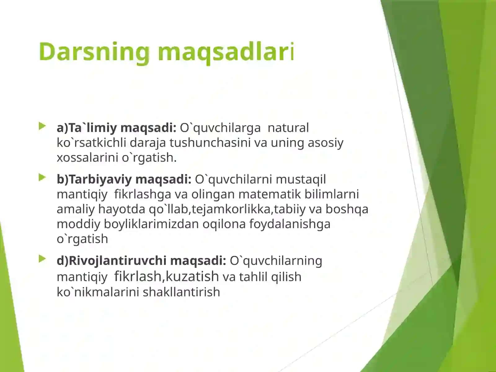 „Natural ko`rsatkichli daraja va uning xossalari“  mavzusidagi  mikrodars 3