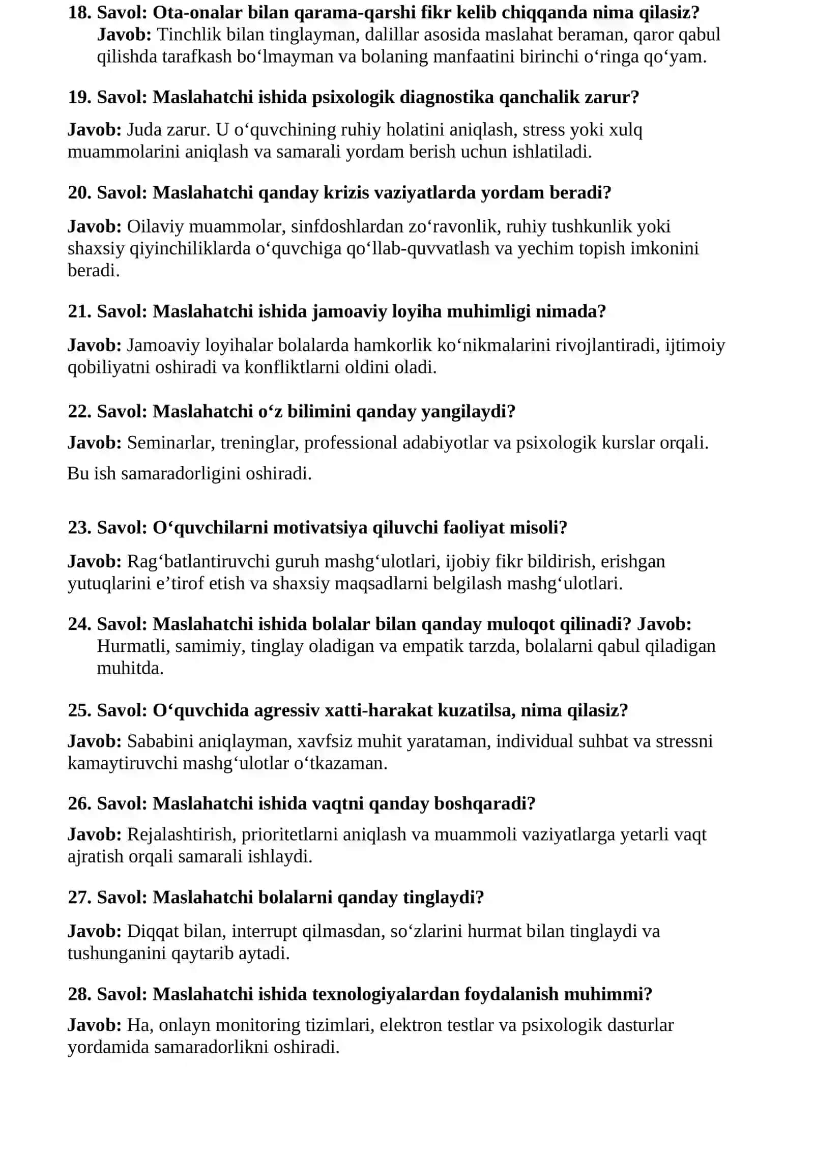 Maktab maslahatchisga ishga kirish uchun suhbat savol javoblari 3