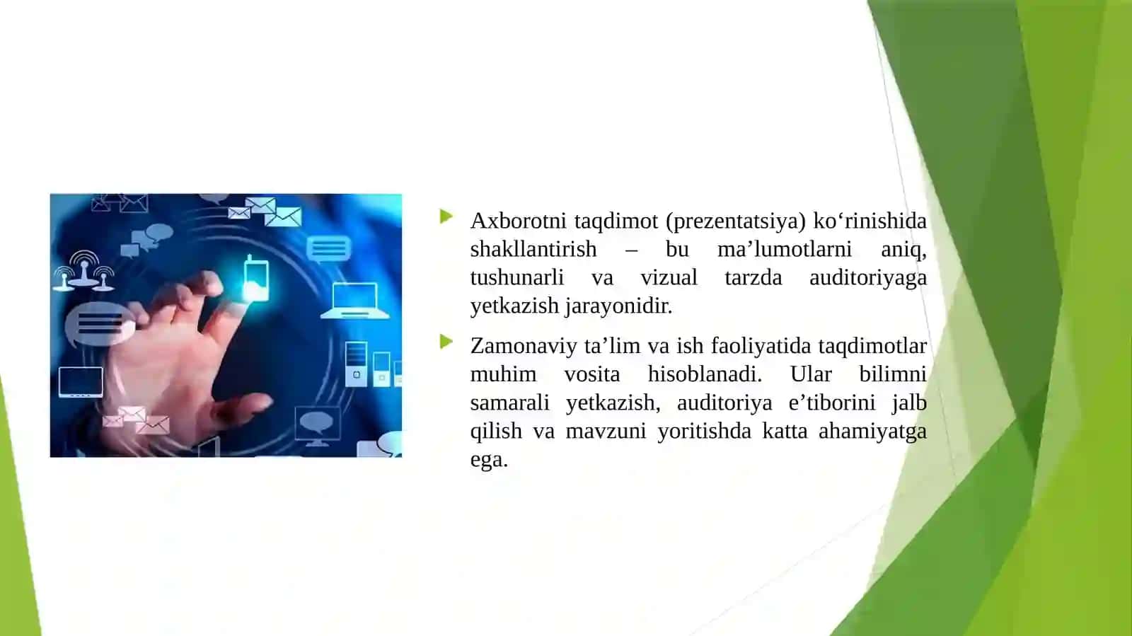 AXBOROTLARNI TAQDIMOT KO'RINISHIDA SHAKLLANTIRISH TEXNOLOGIYASI 3