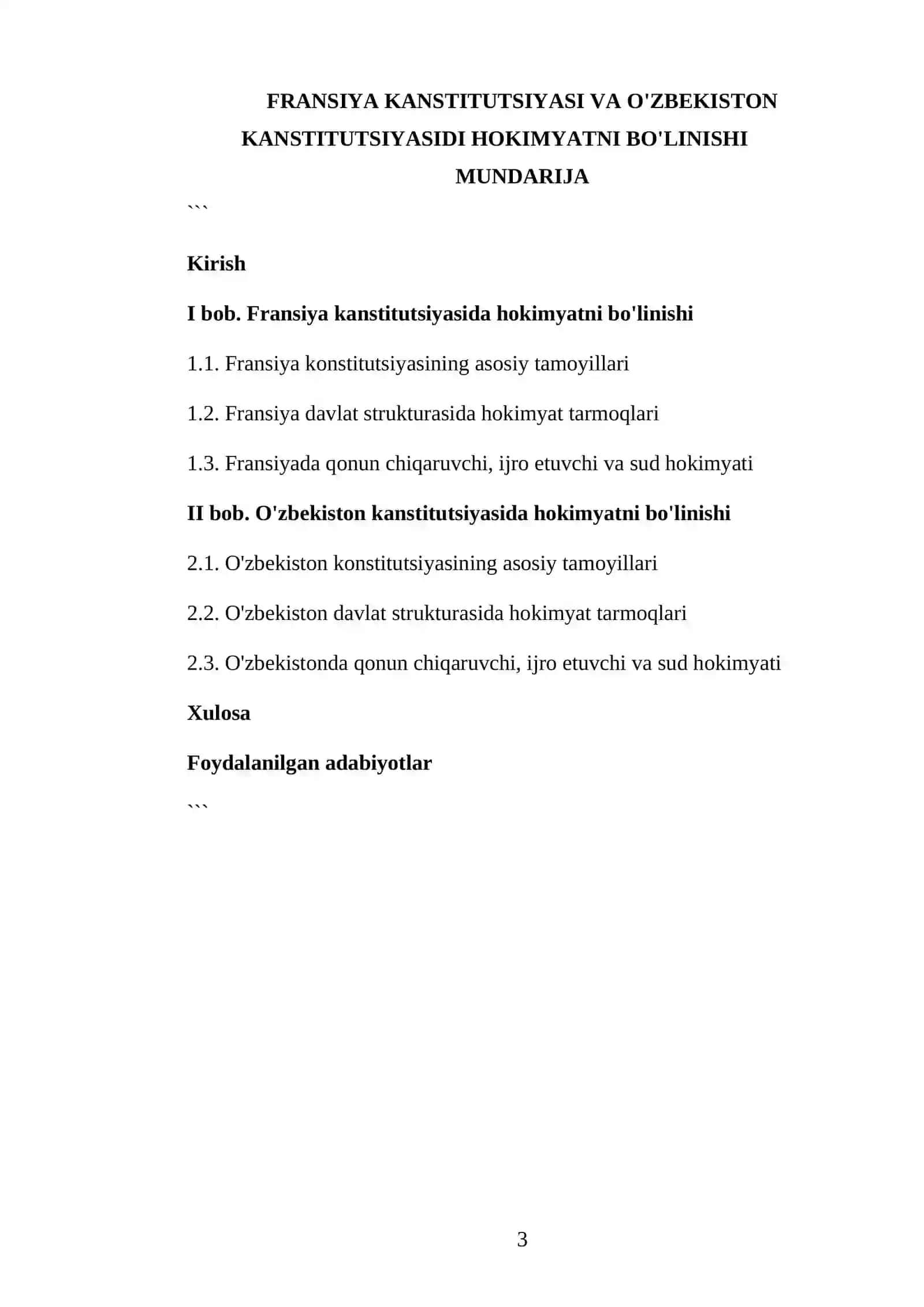 KURS ISHI: Fransiya kanstitutsiyasi va O'zbekiston kanstitutsiyasidi hokimyatni bo'linishi 3