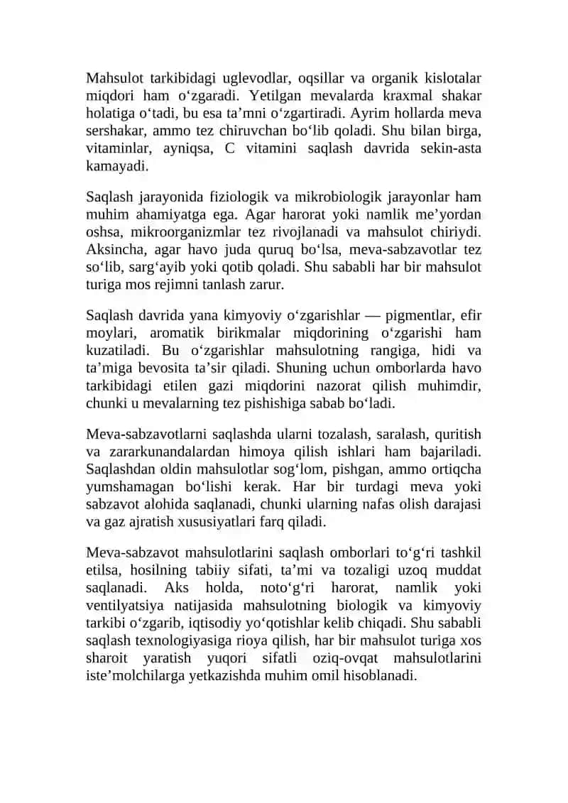 Meva-sabzavot mahsulotlarini saqlash omborlari, saqlash davrida sodir bo’ladigan o’zgarishlar. 3
