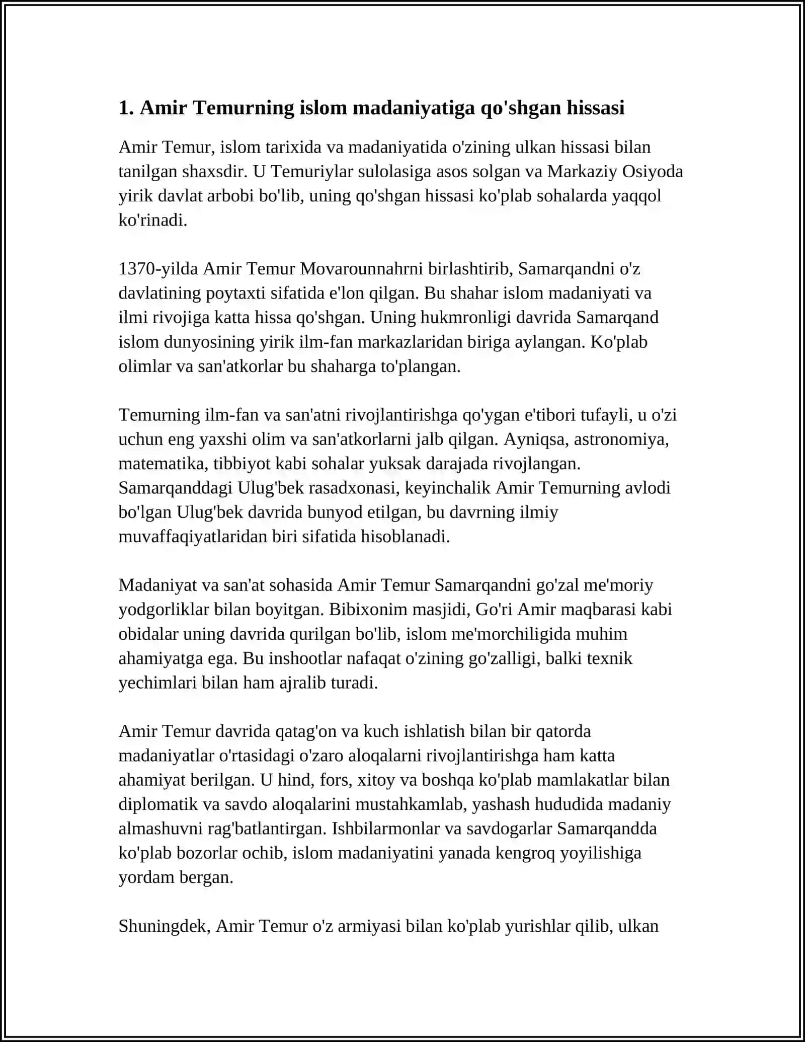 AMIR TEMUR VA TEMURIYLARING ISLOM TARAQIYYOTIGA QO`SHGAN XISSASI 3