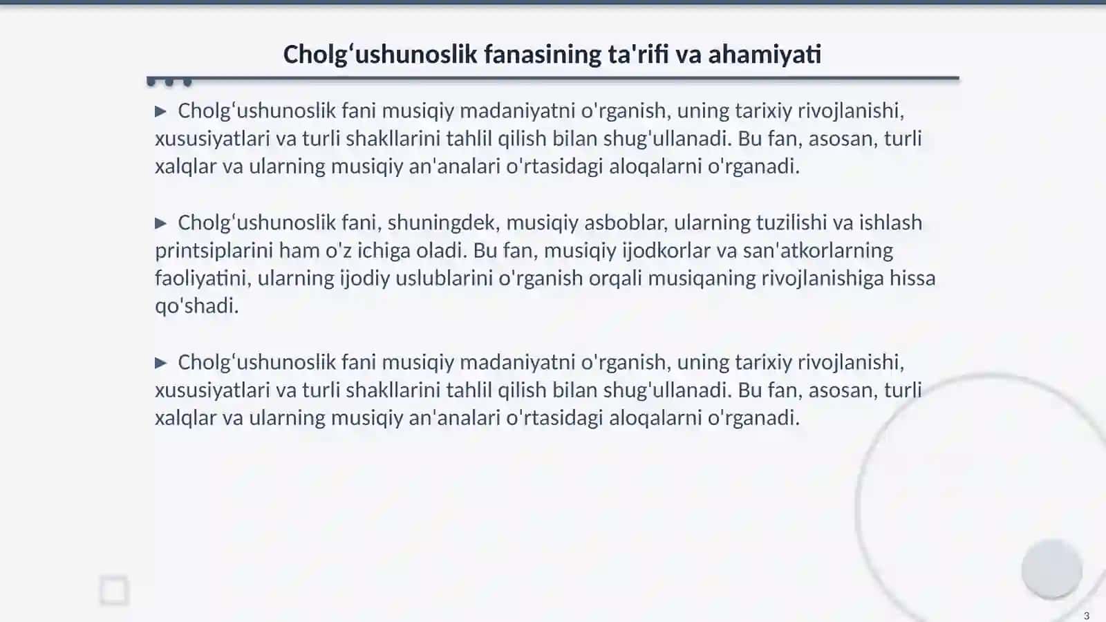 Cholgʻushunoslik faniga kirish hamda cholgʻular tarixi 3