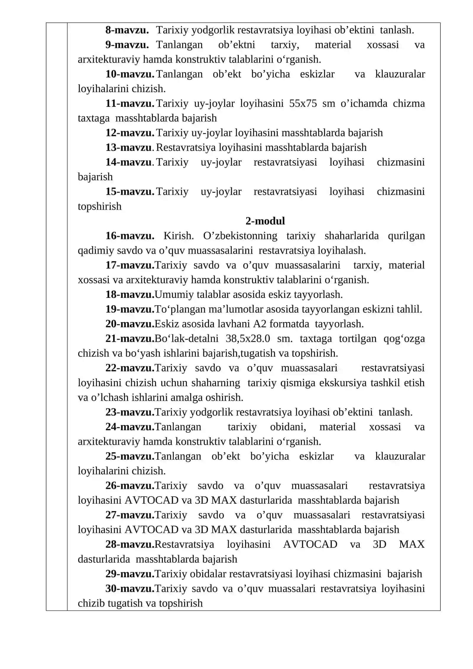 ARXITEKTURA YODGORLIKLARI RESTAVRATSIYASI VA REKONSTRUKTSIYASI FANI O’QUV DASTURI 3