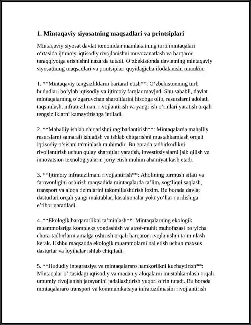 O‘ZBEKISTONDA DAVLATNING MINTAQAVIY SIYOSATINING MAQSADLARI VA USTUVOR YO‘NALISHLARI Referat 3