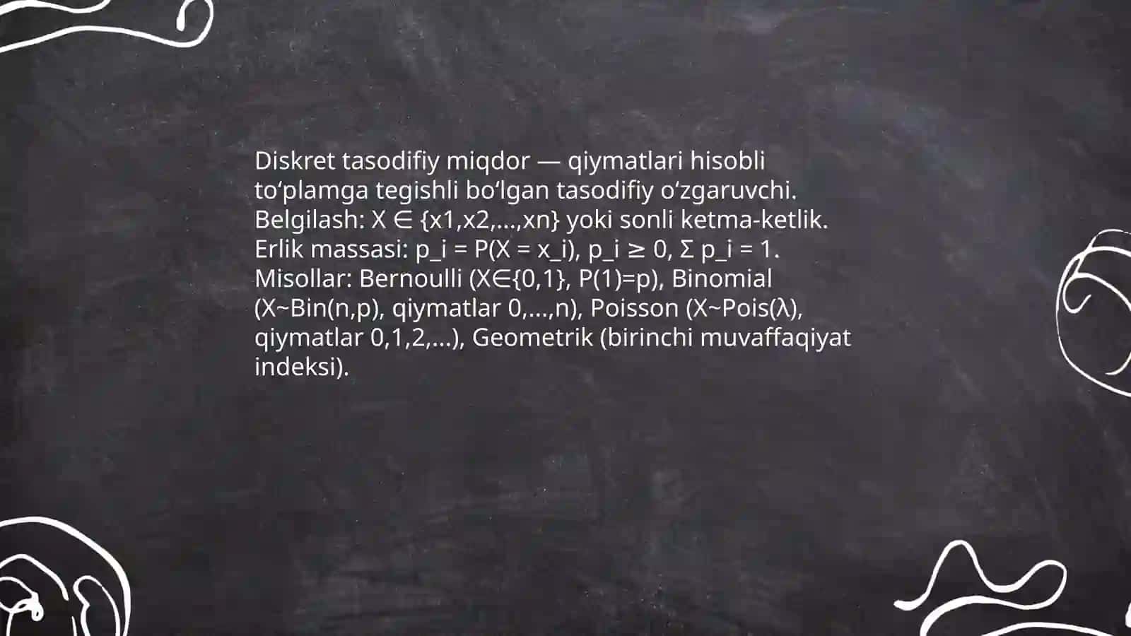 Diskret tasodifiy miqdorlarning sonli tavsiflari 3