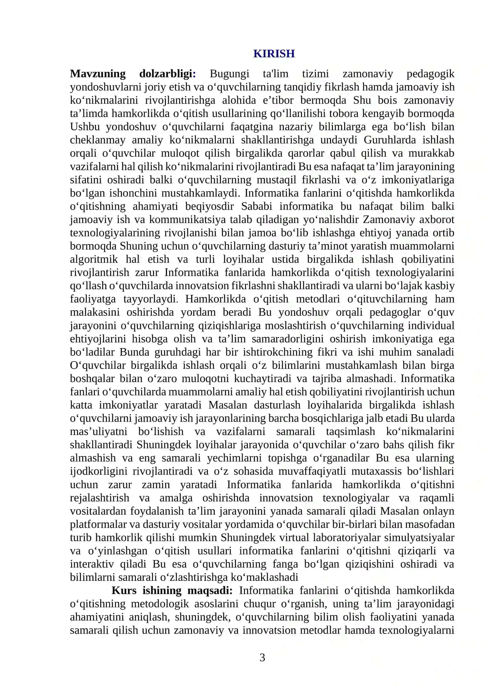 INFARMATIKA FANLARINI OQITISHDA HAMKORLIKDA OQITISHNI REJALASHTIRISH 3