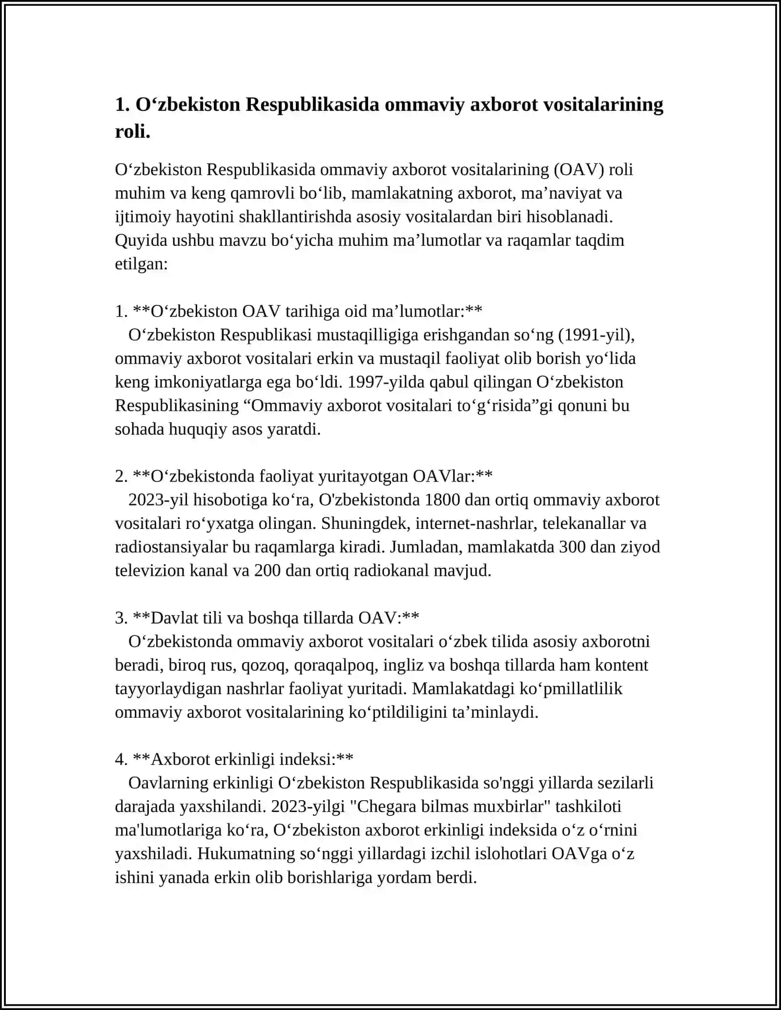 O‘zbekiston Respublikasida ommaviy axborot vositalarining roli 3