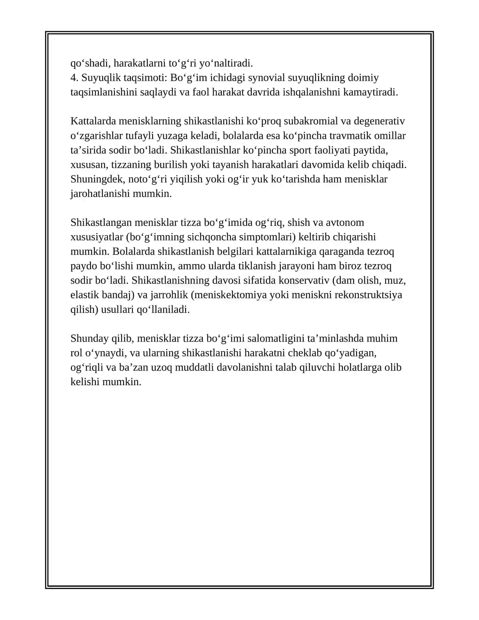 KATTALAR VA BOLALARDA TIZZA BO‘G‘IMINI SHIKASTLANISHLARI. MENISKLAR VA BOYLAMLARINI SHIKASTLANISHLARI, TIZZA QAPQOG‘INI CHIQISHLARI 3